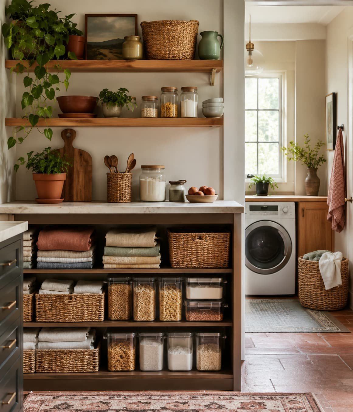 Beautifully organized kitchen and utility space with shelves, baskets, linens, pantry containers, and practical home storage solutions